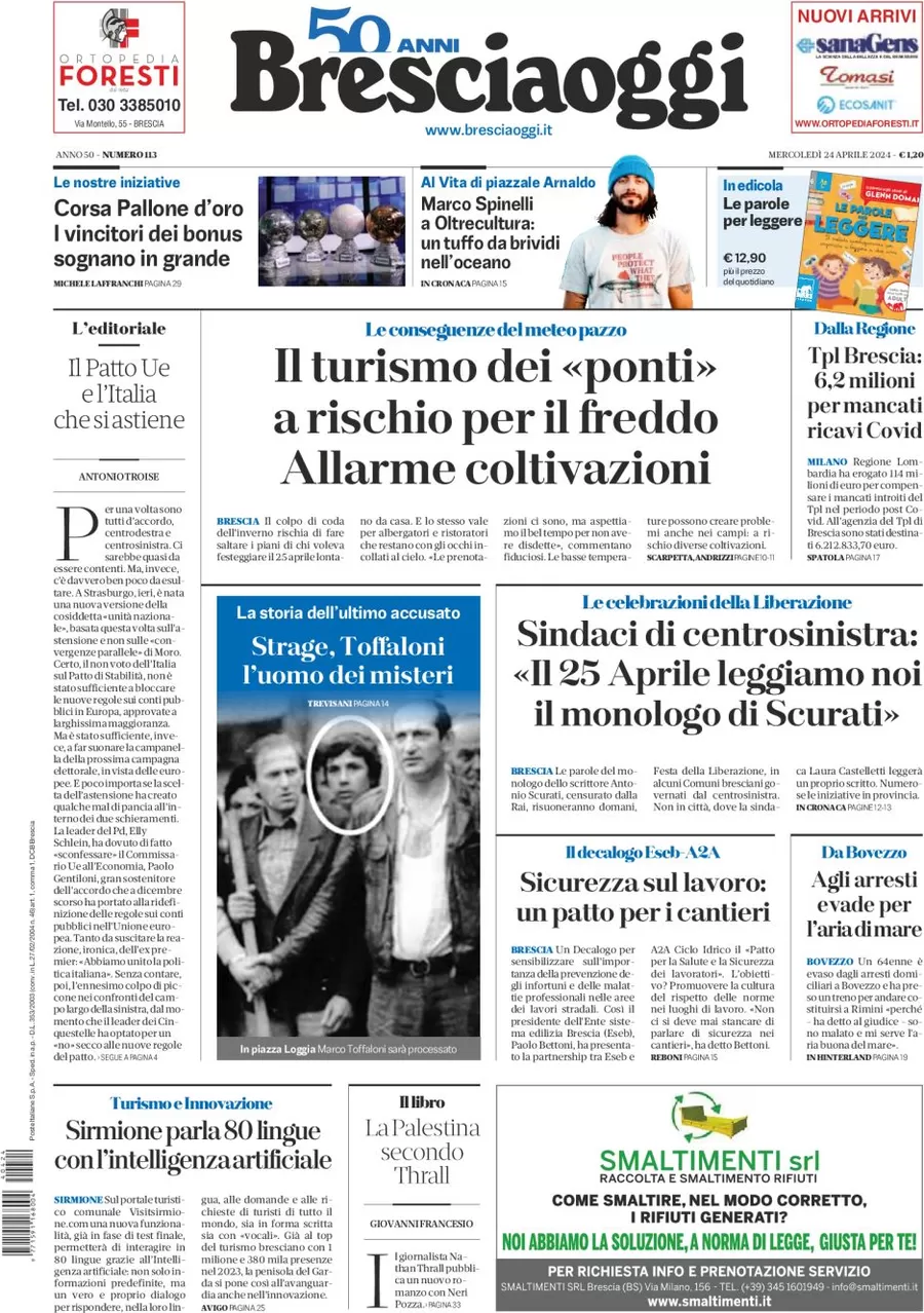 prima pagina - Brescia Oggi del 24/04/2024