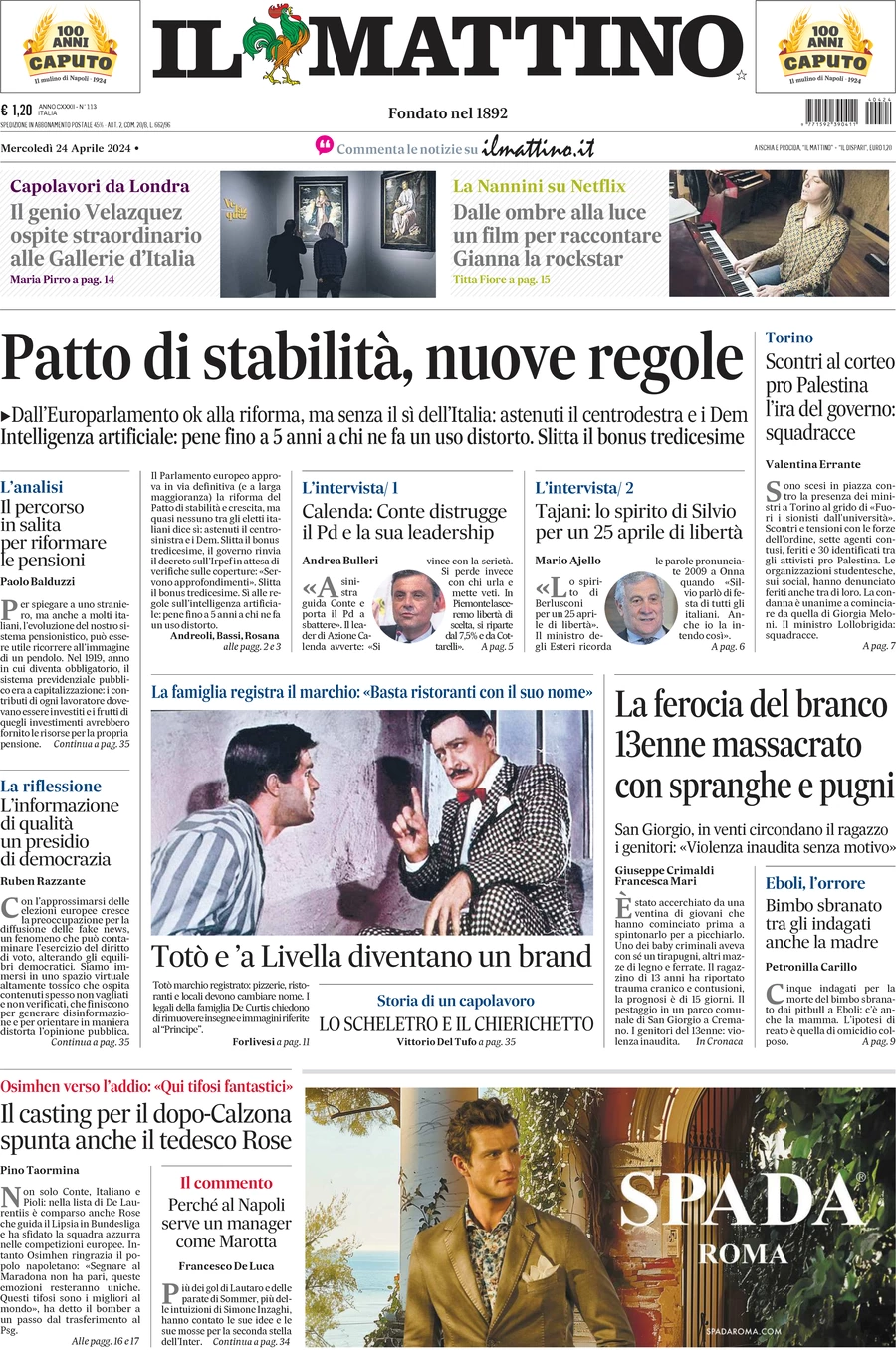 anteprima della prima pagina di il-mattino del 24/04/2024