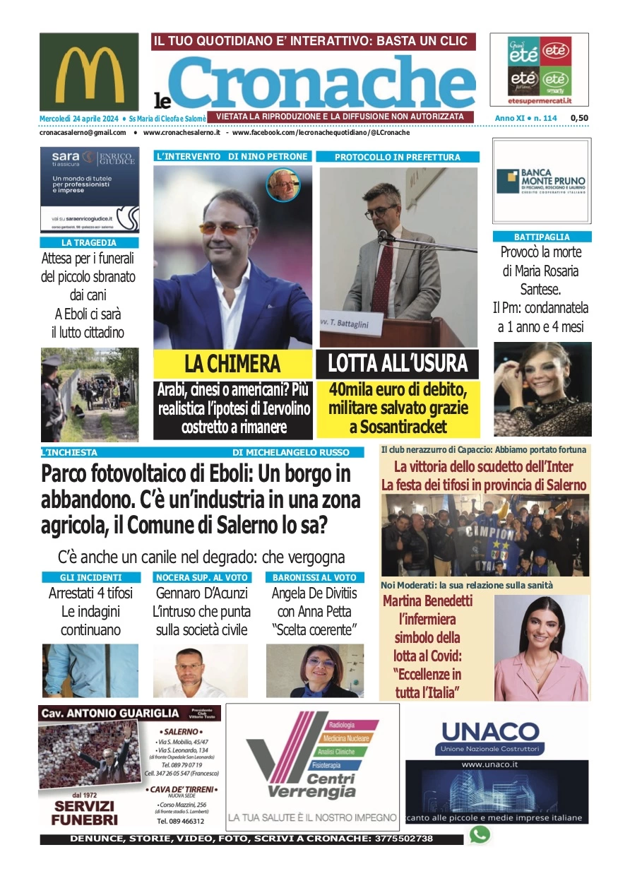 prima pagina - Le Cronache (Salerno) del 24/04/2024