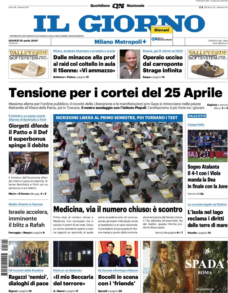 prima pagina - Il Giorno (Milano Metropoli) del 25/04/2024