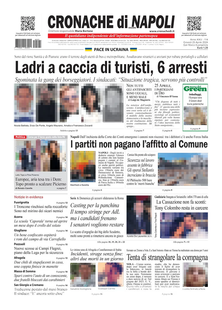 anteprima della prima pagina di cronache-di-napoli del 25/04/2024