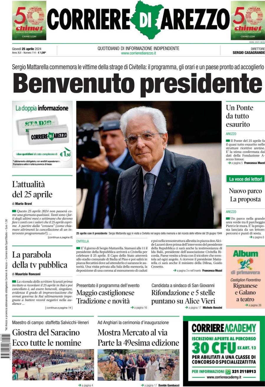 prima pagina - Corriere di Arezzo del 25/04/2024
