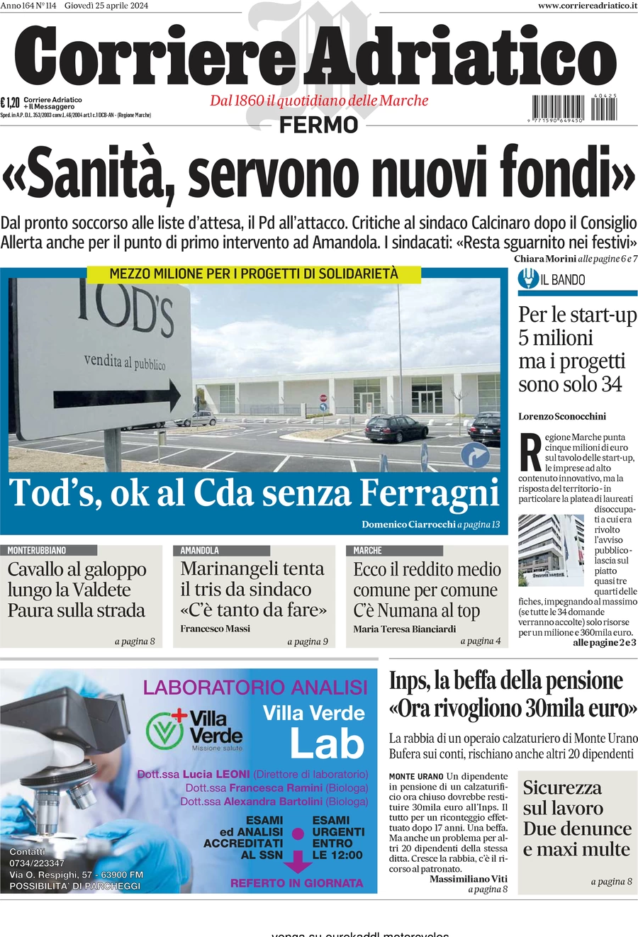prima pagina - Corriere Adriatico (Fermo) del 25/04/2024