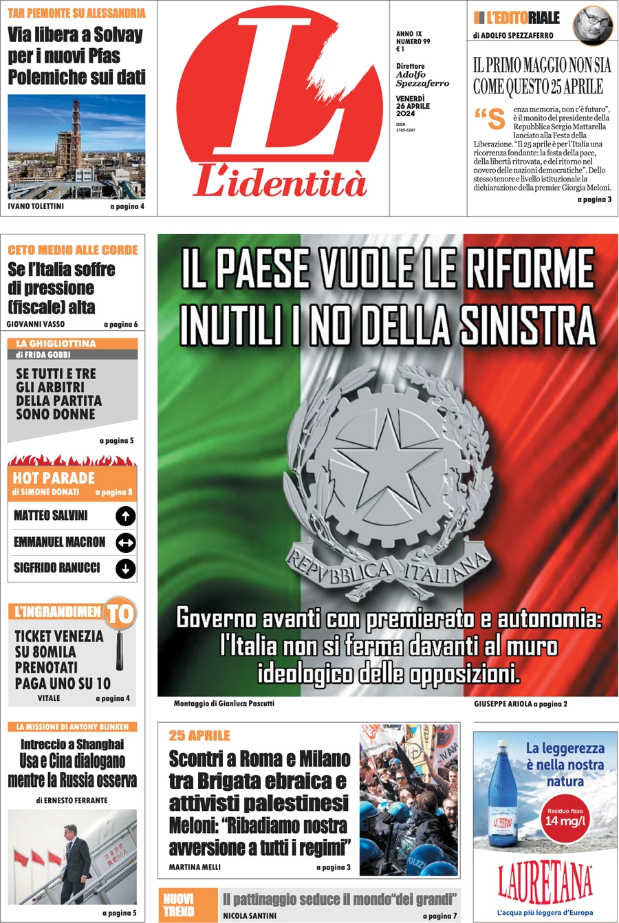 anteprima della prima pagina di lidentit del 25/04/2024
