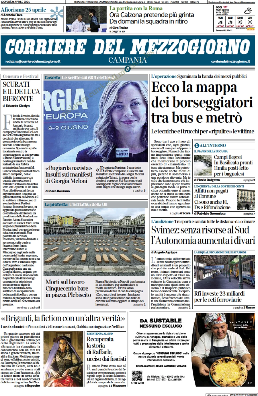 prima pagina - Corriere del Mezzogiorno (Campania) del 25/04/2024