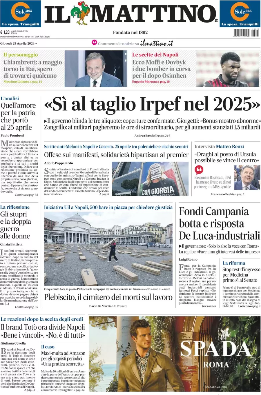 anteprima della prima pagina di il-mattino del 25/04/2024