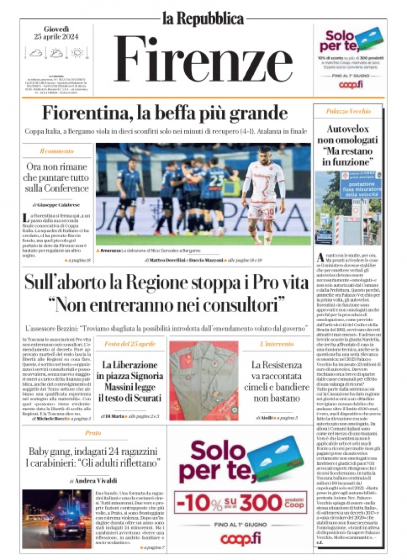 prima pagina - La Repubblica (Firenze) del 25/04/2024