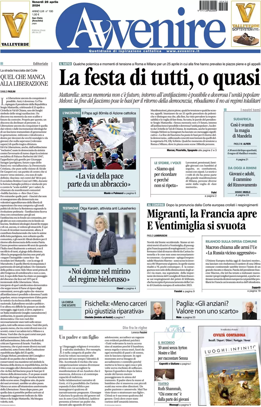 prima pagina - Avvenire del 26/04/2024