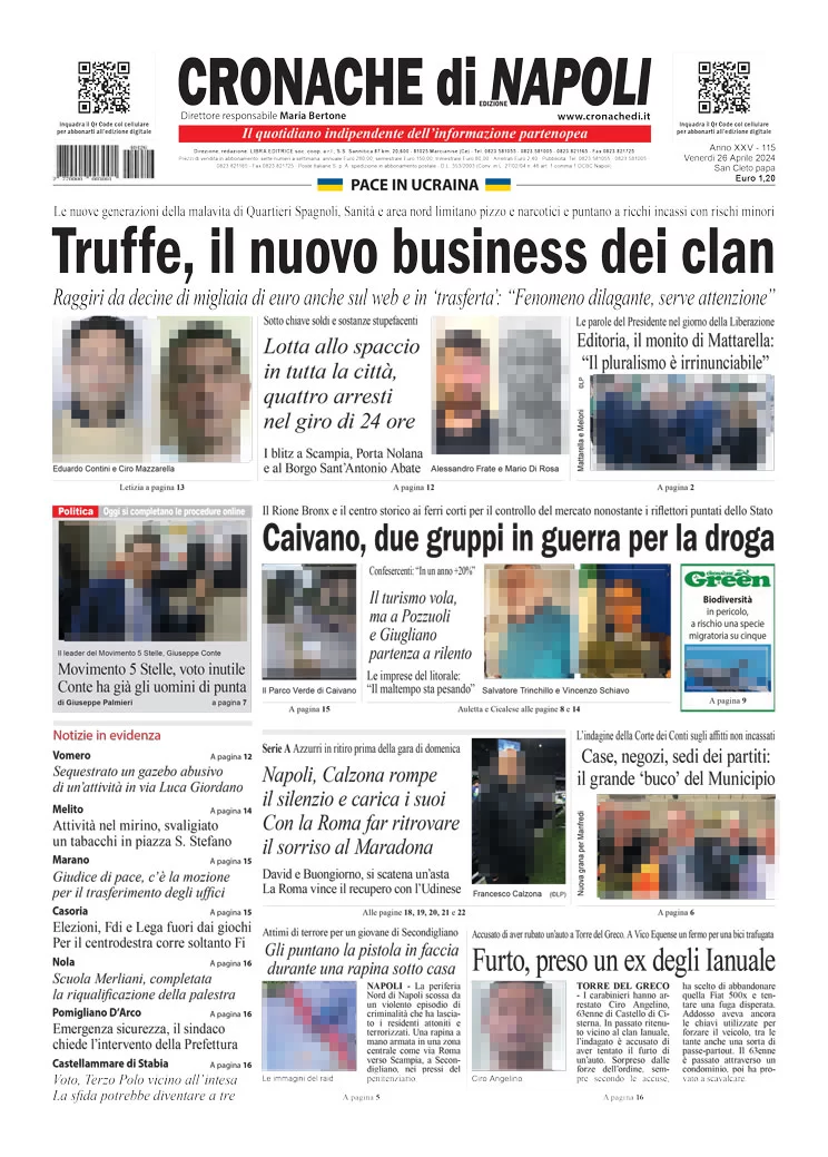 anteprima della prima pagina di cronache-di-napoli del 26/04/2024