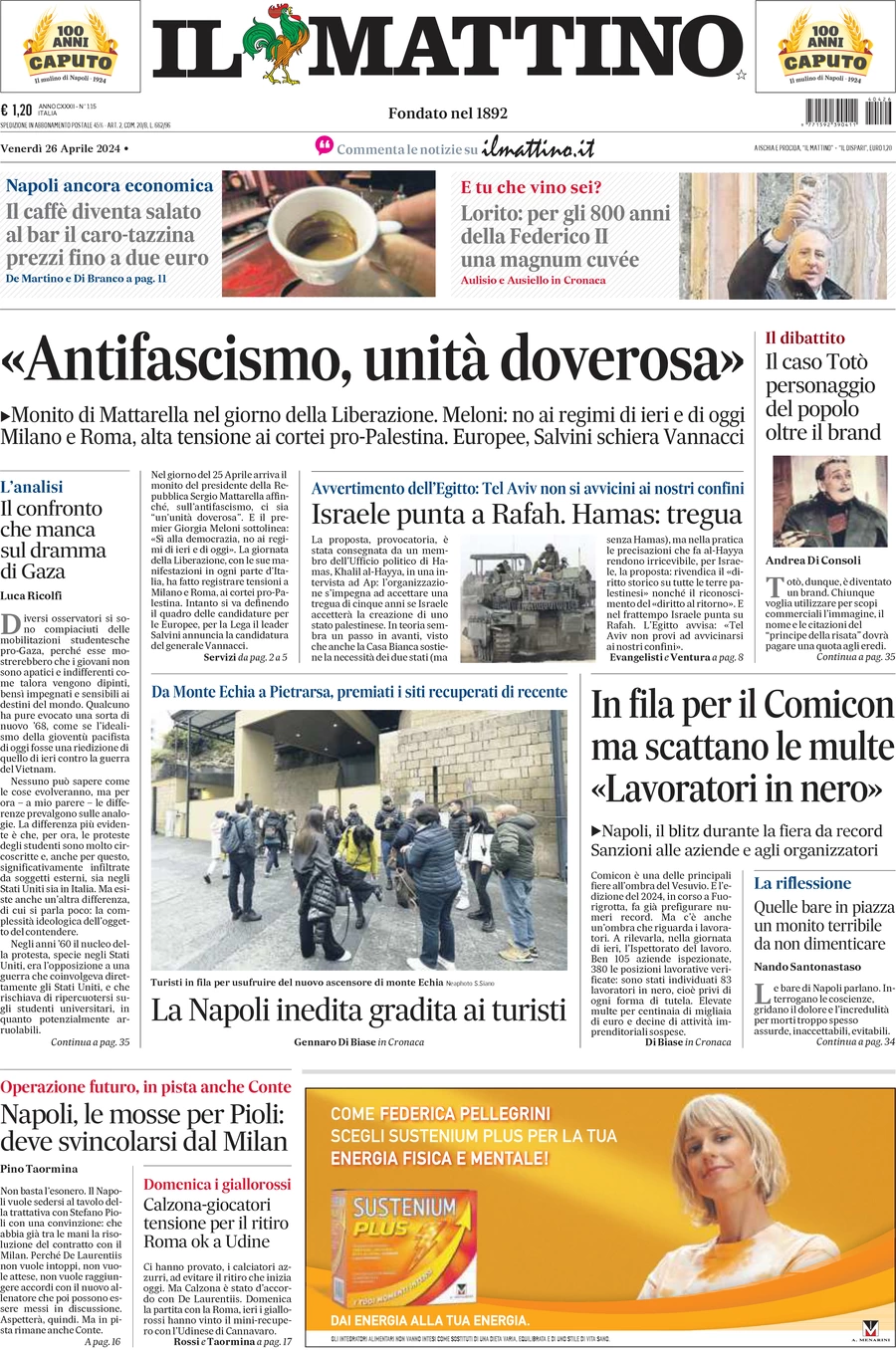 anteprima della prima pagina di il-mattino del 26/04/2024