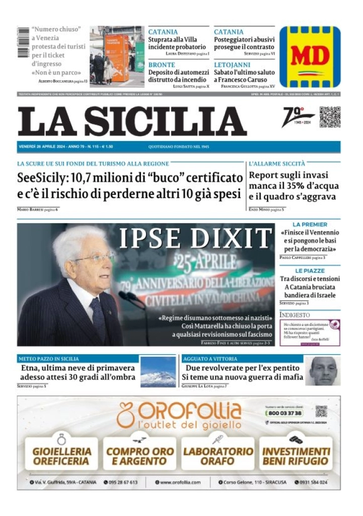 prima pagina - La Sicilia del 26/04/2024