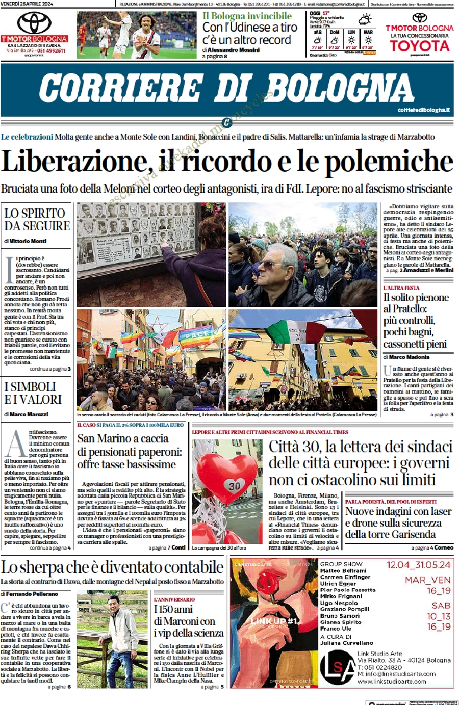 prima pagina - Corriere di Bologna del 26/04/2024