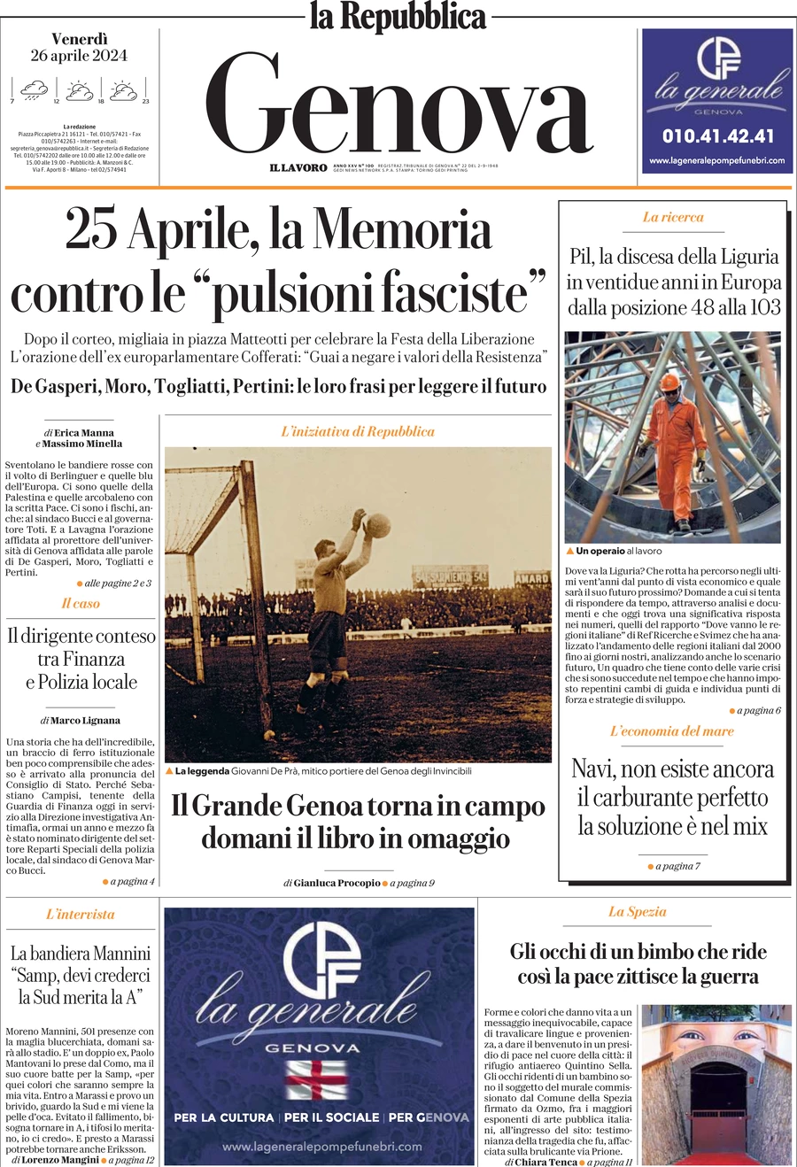 prima pagina - La Repubblica (Genova) del 26/04/2024