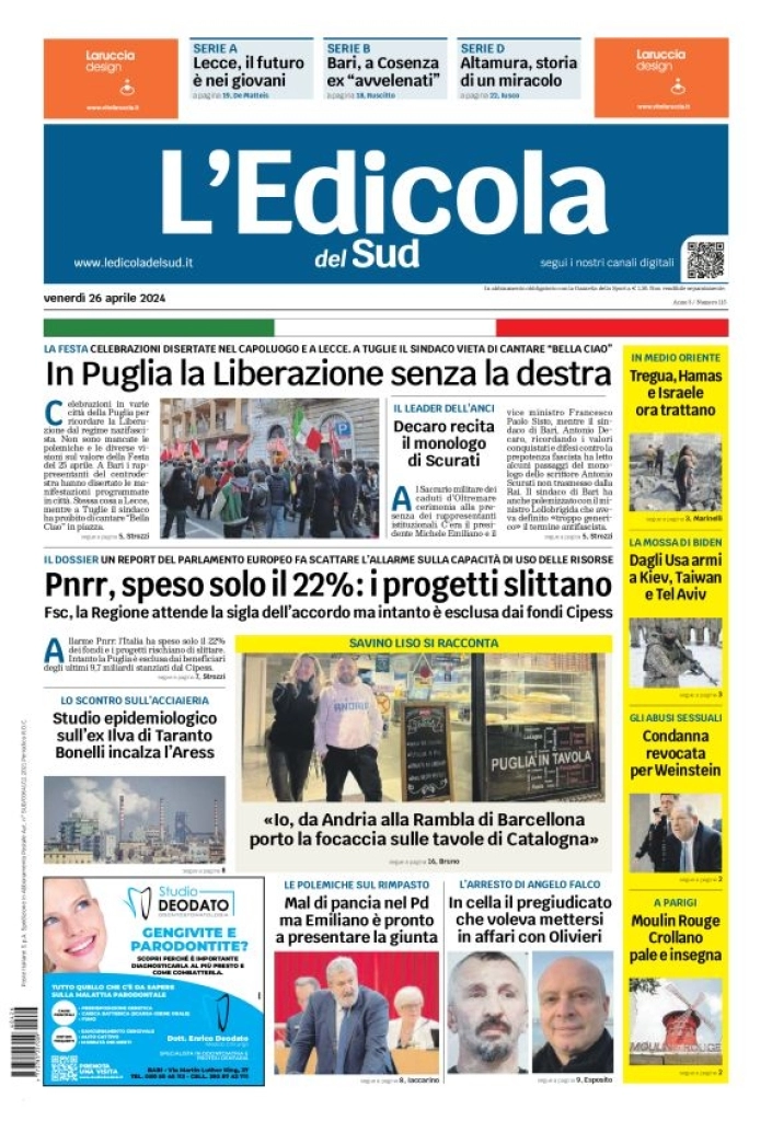 prima pagina - L'Edicola del Sud (Bari, Foggia, Basilicata) del 26/04/2024