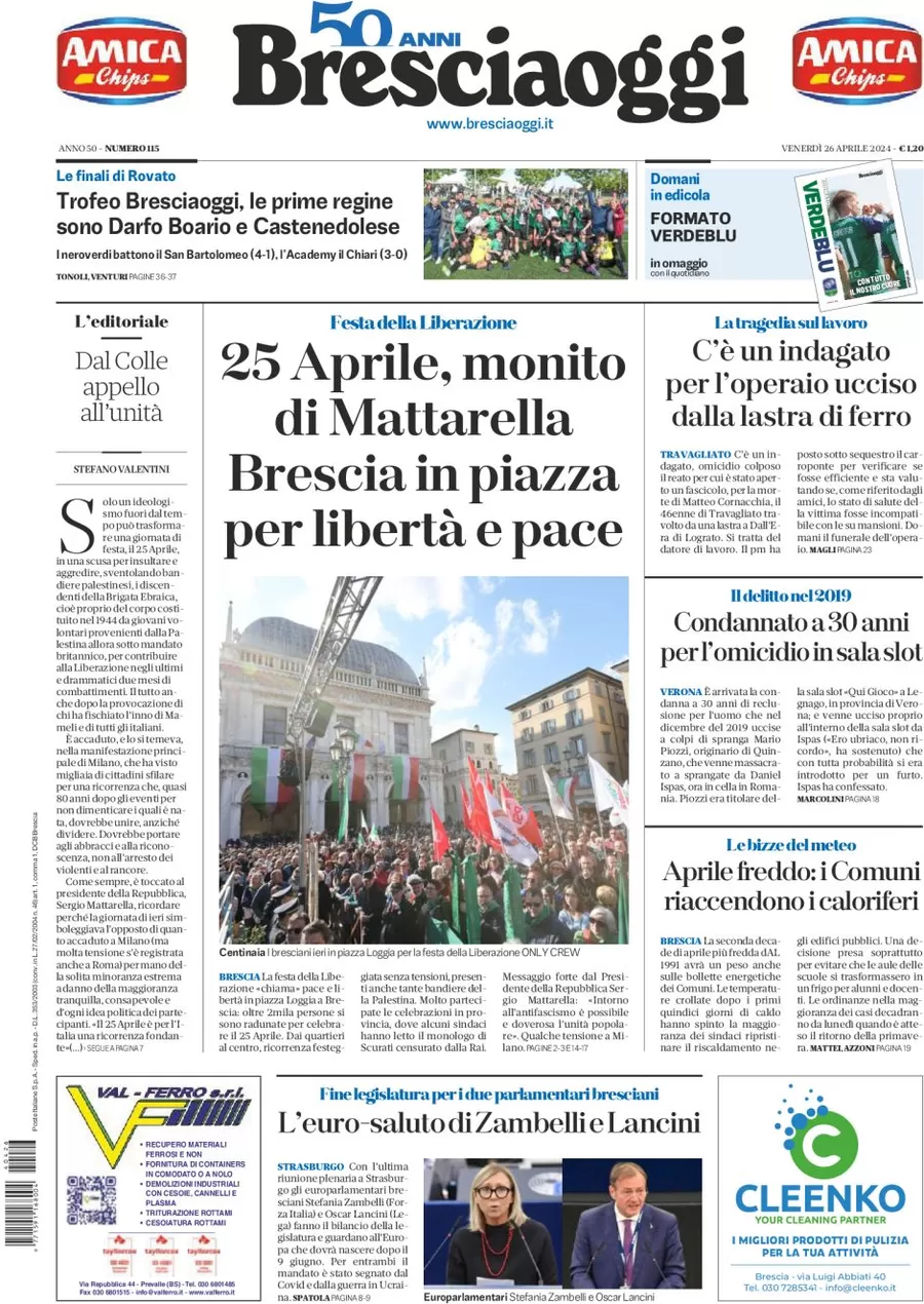 prima pagina - Brescia Oggi del 26/04/2024