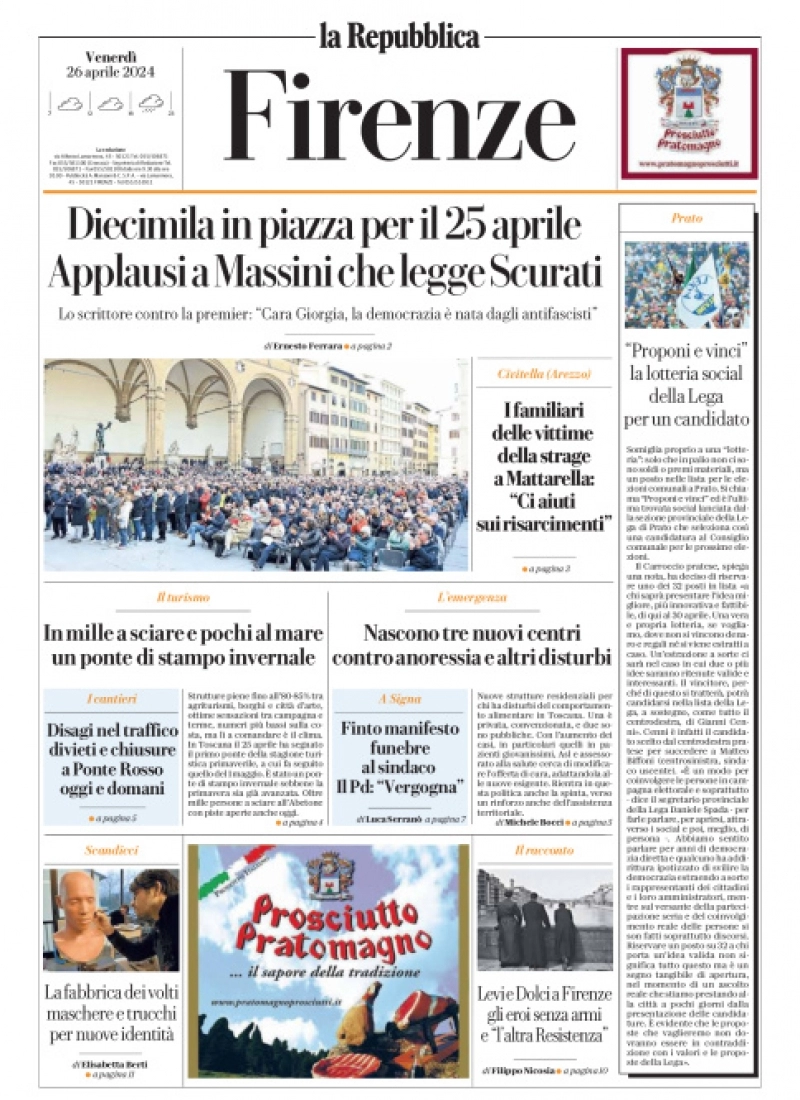 prima pagina - La Repubblica (Firenze) del 26/04/2024