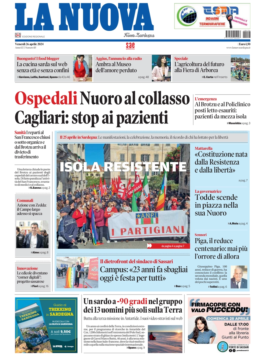 prima pagina - La Nuova Sardegna del 26/04/2024