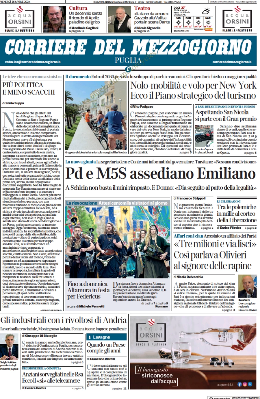 prima pagina - Corriere del Mezzogiorno (Puglia) del 26/04/2024