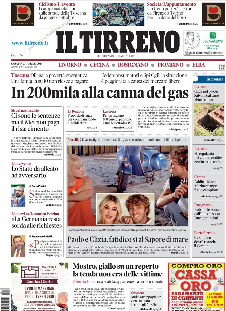 prima pagina - Il Tirreno (Livorno, Cecina) del 27/04/2024