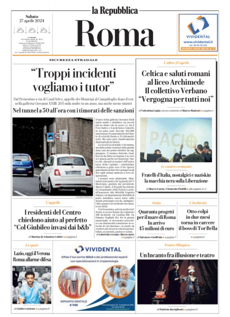 prima pagina - La Repubblica (Roma) del 27/04/2024