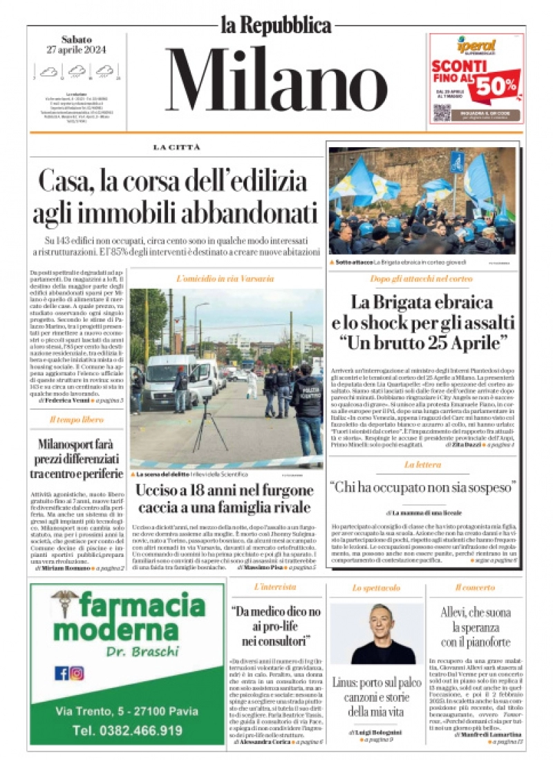 prima pagina - La Repubblica (Milano) del 27/04/2024