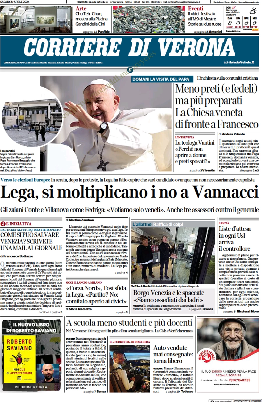 prima pagina - Corriere di Verona del 27/04/2024