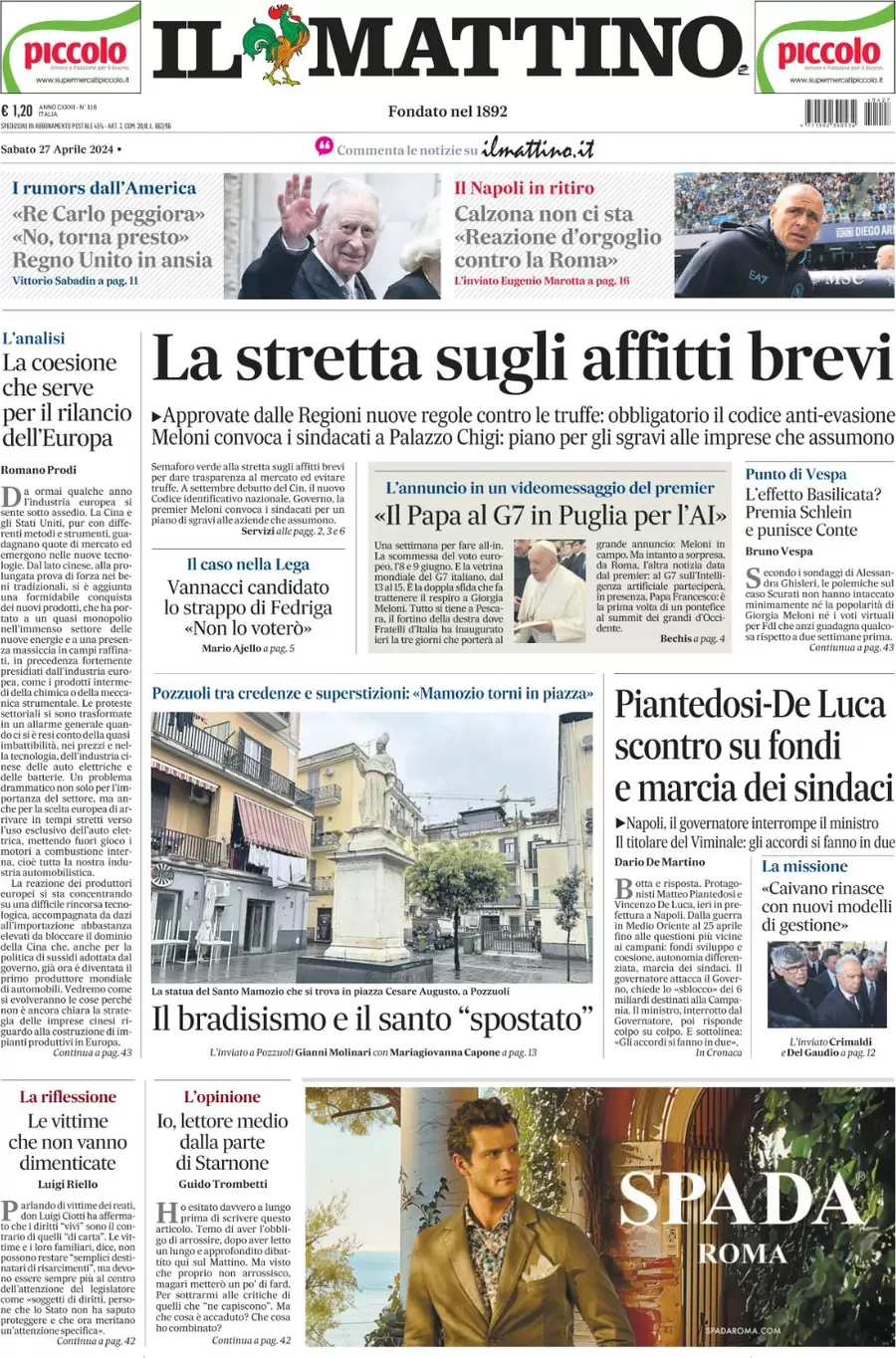 anteprima della prima pagina di il-mattino del 27/04/2024