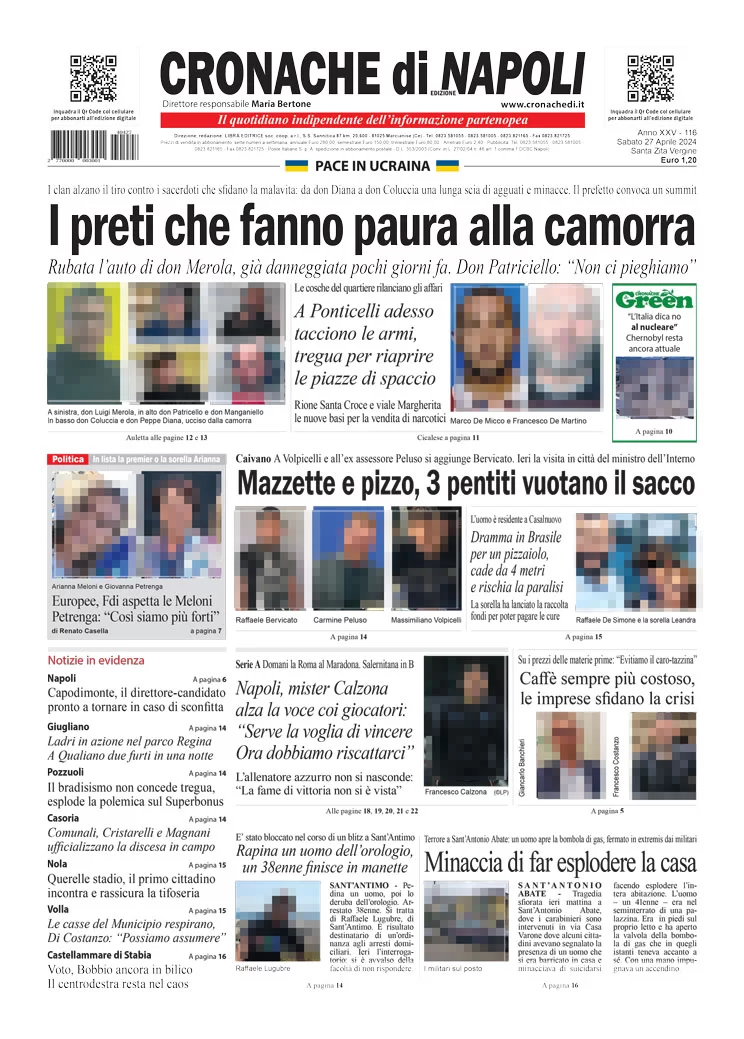 anteprima della prima pagina di cronache-di-napoli del 27/04/2024