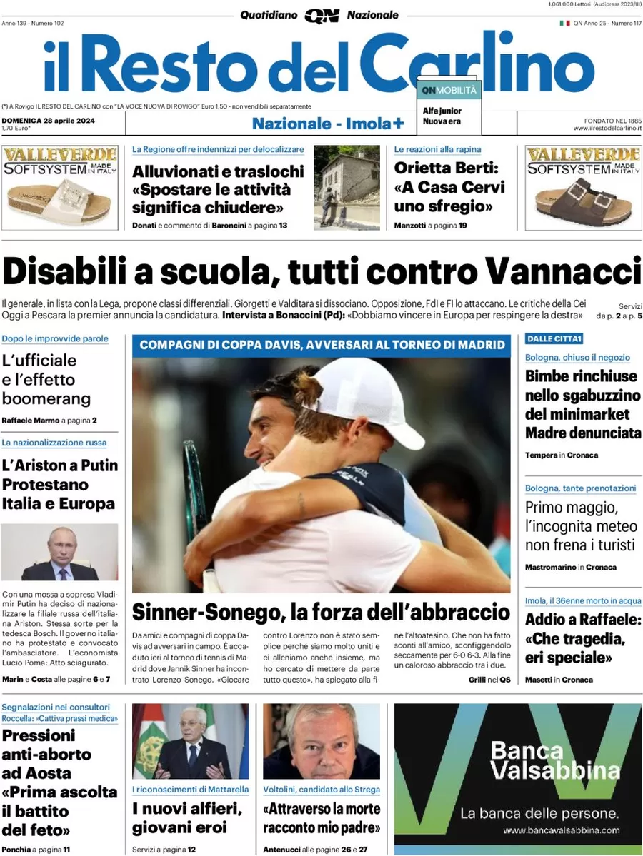 anteprima della prima pagina di il-resto-del-carlino del 28/04/2024