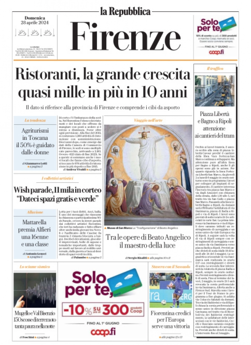 prima pagina - La Repubblica (Firenze) del 28/04/2024