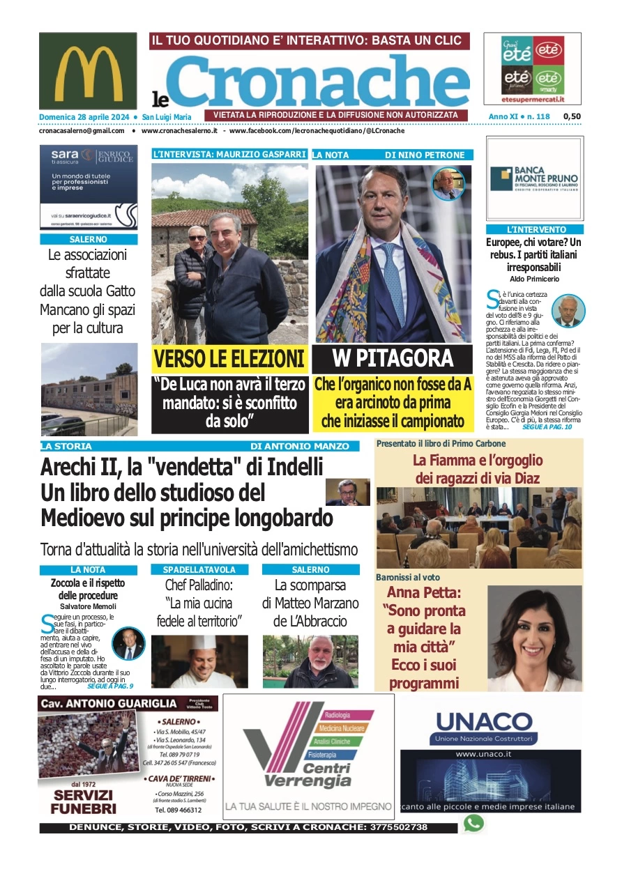 prima pagina - Le Cronache (Salerno) del 28/04/2024