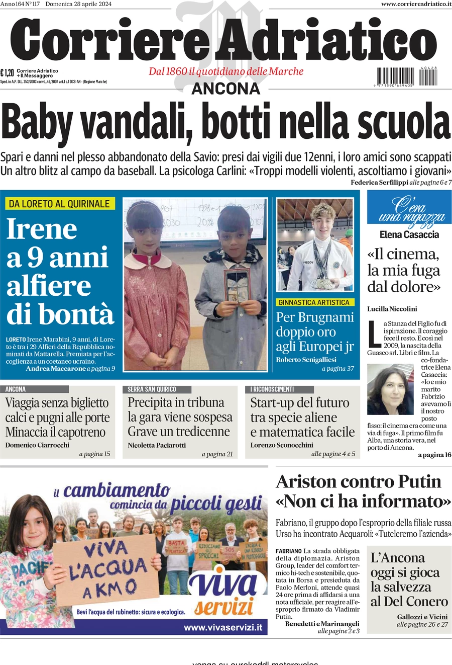 prima pagina - Corriere Adriatico (Ancona) del 28/04/2024