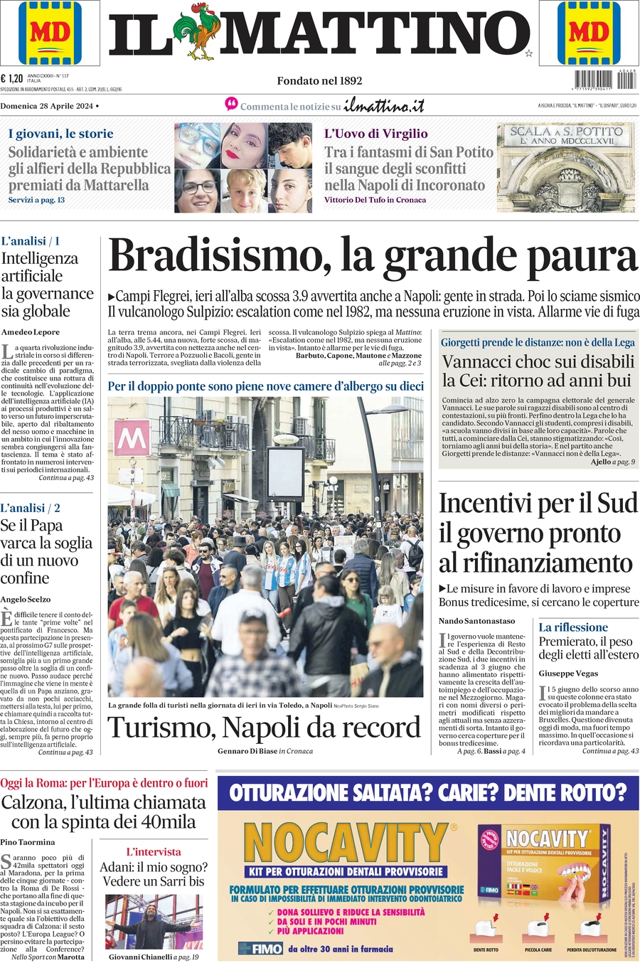 anteprima della prima pagina di il-mattino del 28/04/2024