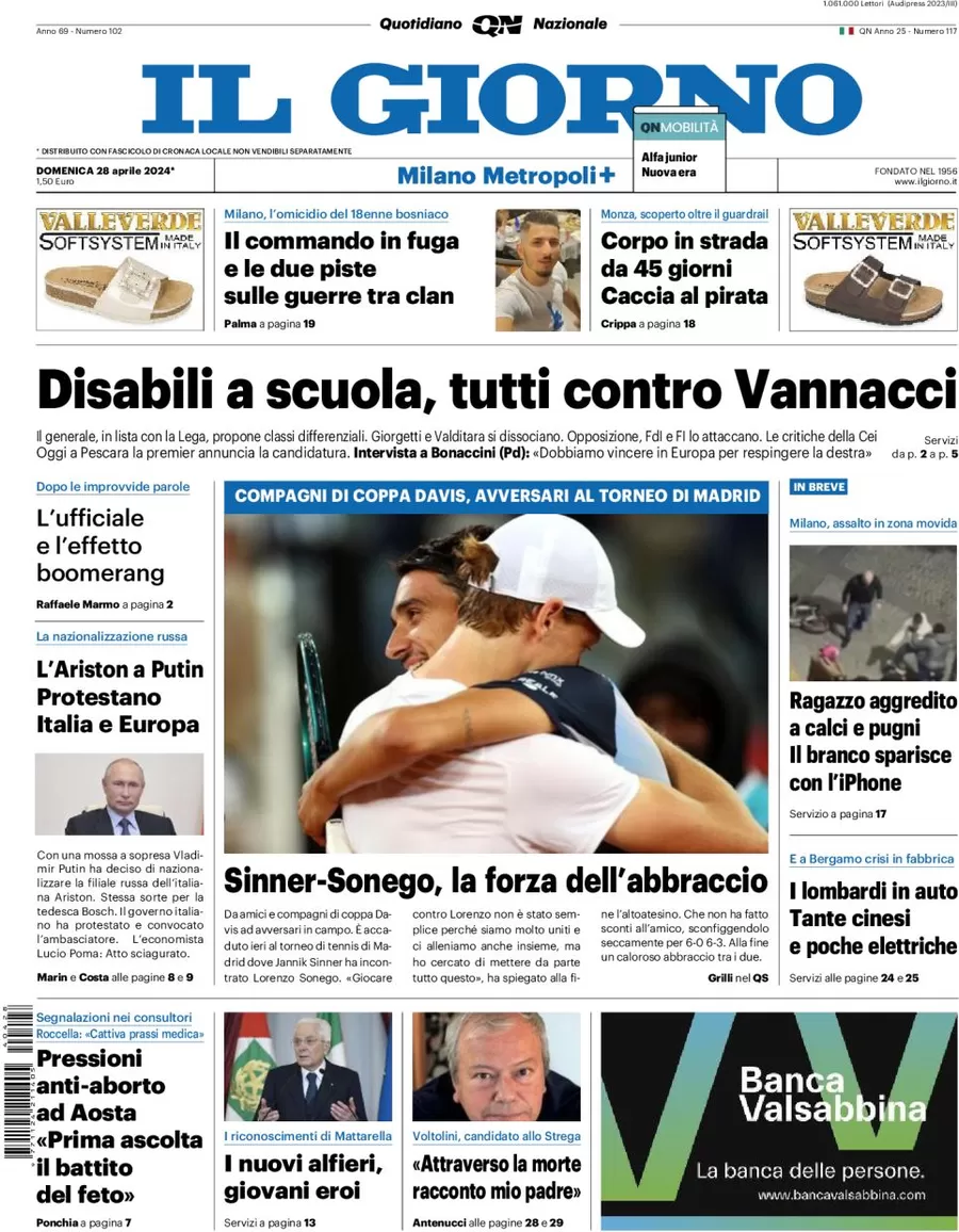 prima pagina - Il Giorno (Milano Metropoli) del 28/04/2024