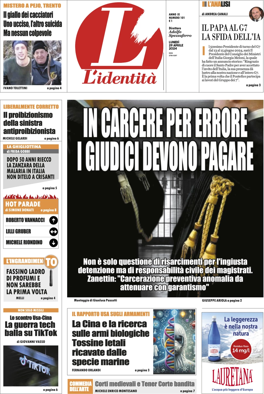 anteprima della prima pagina di lidentit del 28/04/2024