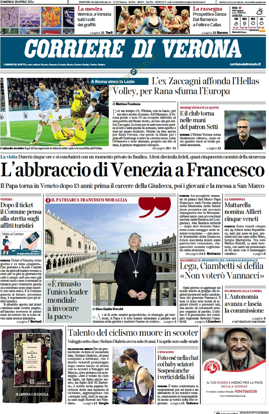 prima pagina - Corriere di Verona del 28/04/2024