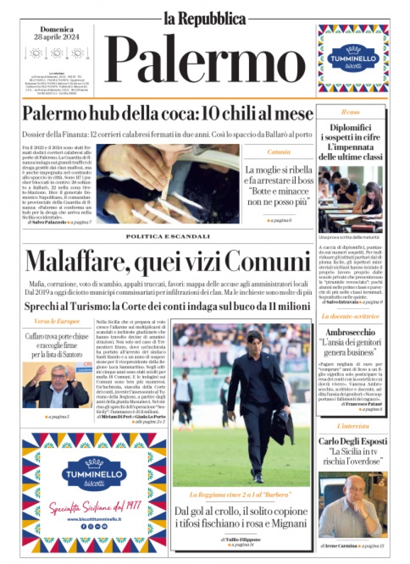 prima pagina - La Repubblica (Palermo) del 28/04/2024
