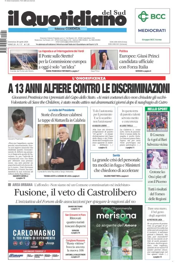 prima pagina - Il Quotidiano del Sud (Cosenza) del 28/04/2024