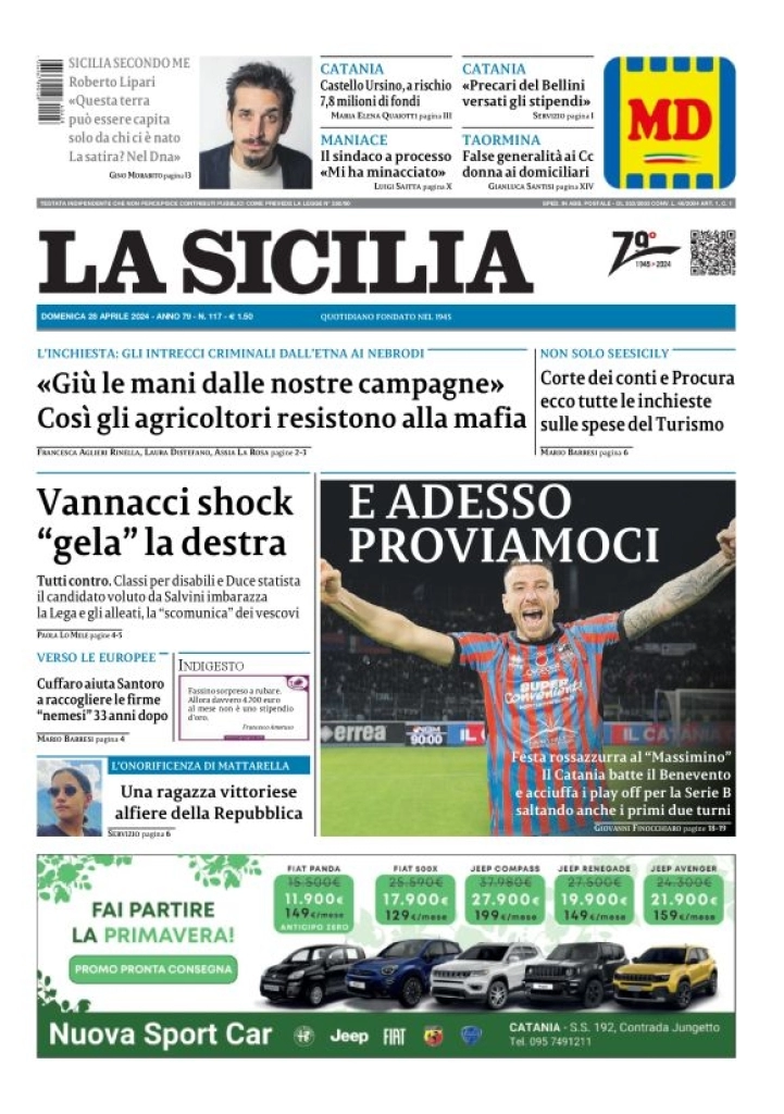 prima pagina - La Sicilia del 28/04/2024