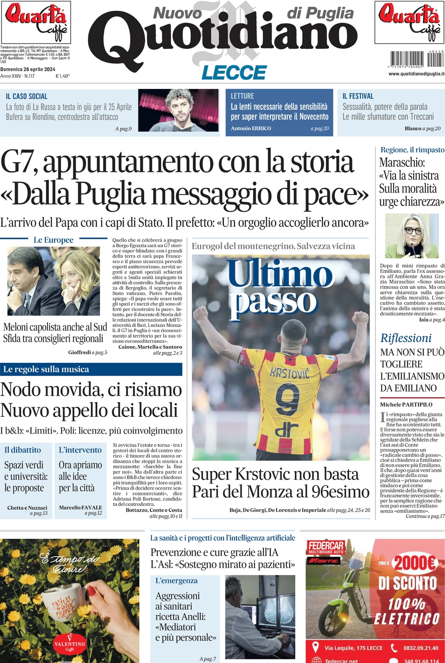 prima pagina - Nuovo Quotidiano di Puglia (Lecce) del 28/04/2024