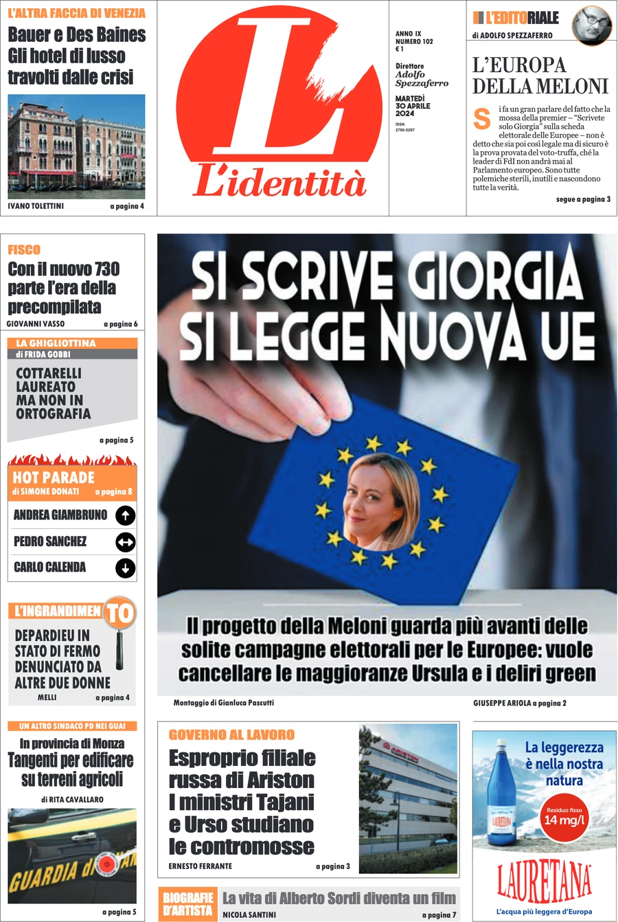 anteprima della prima pagina di lidentit del 29/04/2024