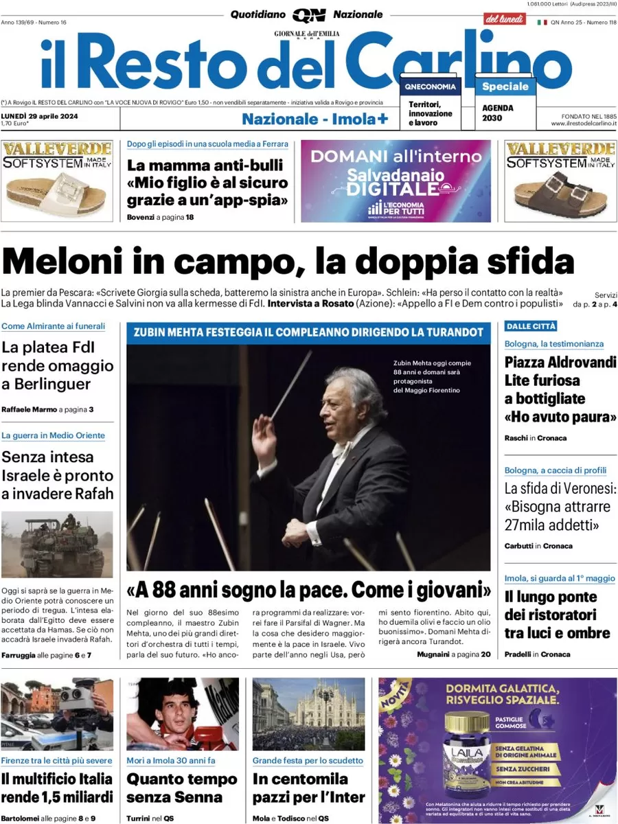 anteprima della prima pagina di il-resto-del-carlino del 29/04/2024