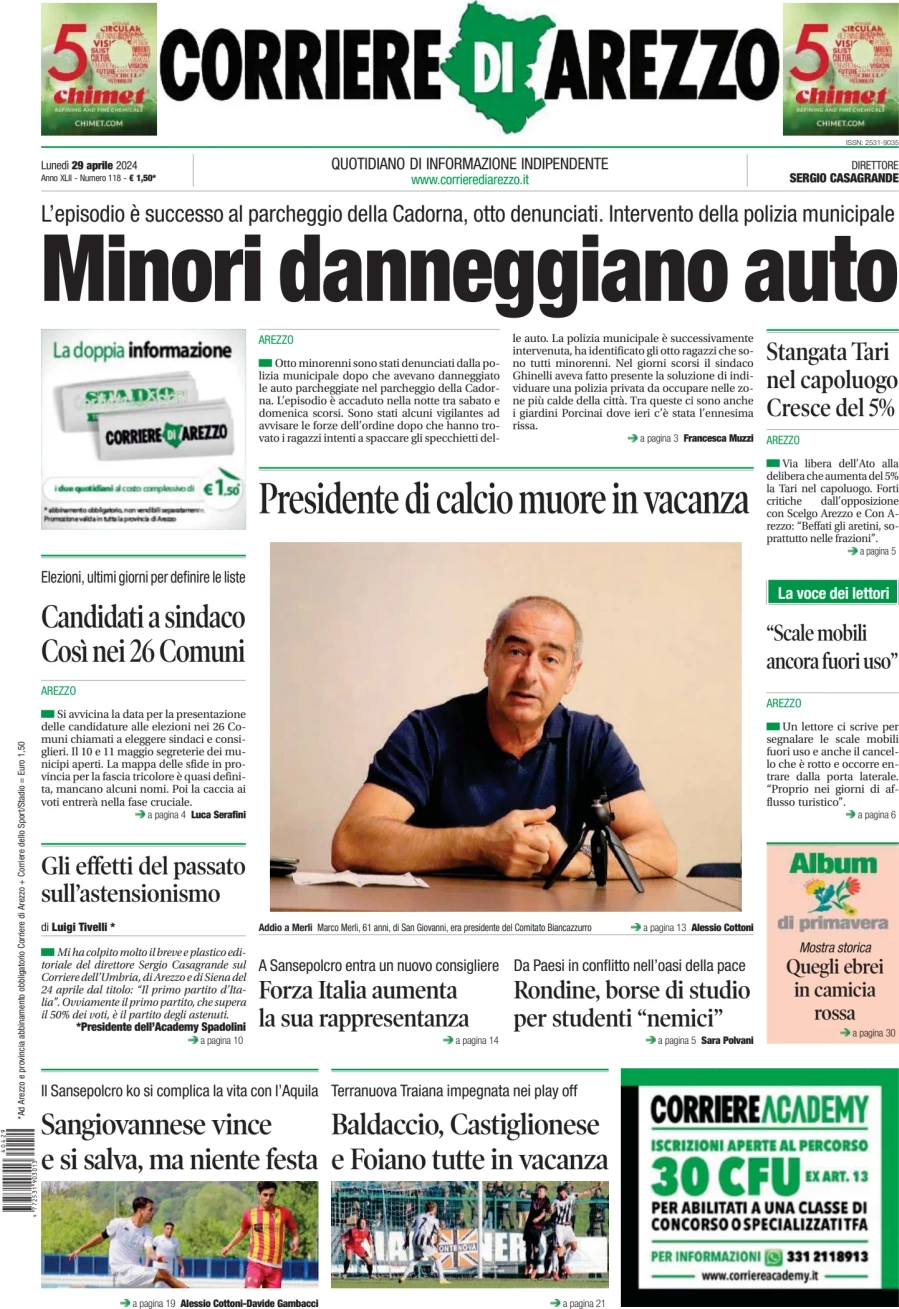 prima pagina - Corriere di Arezzo del 29/04/2024