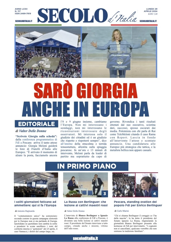prima pagina - Secolo d'Italia del 29/04/2024