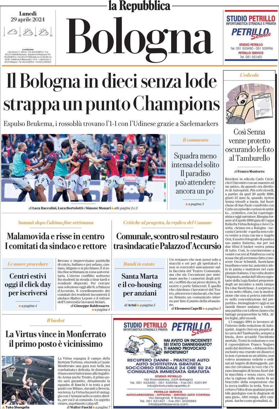 prima pagina - La Repubblica (Bologna) del 29/04/2024