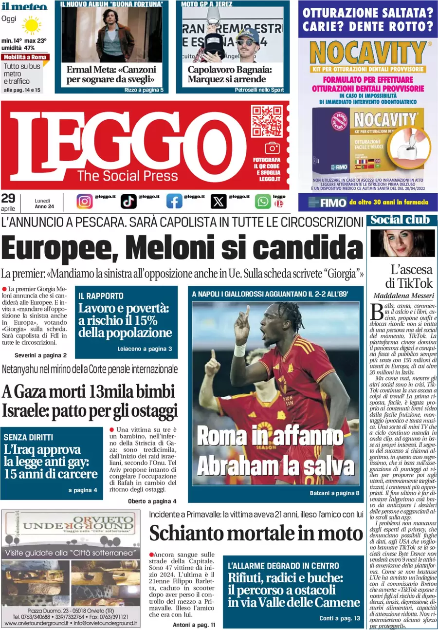 anteprima della prima pagina di leggo-roma del 29/04/2024