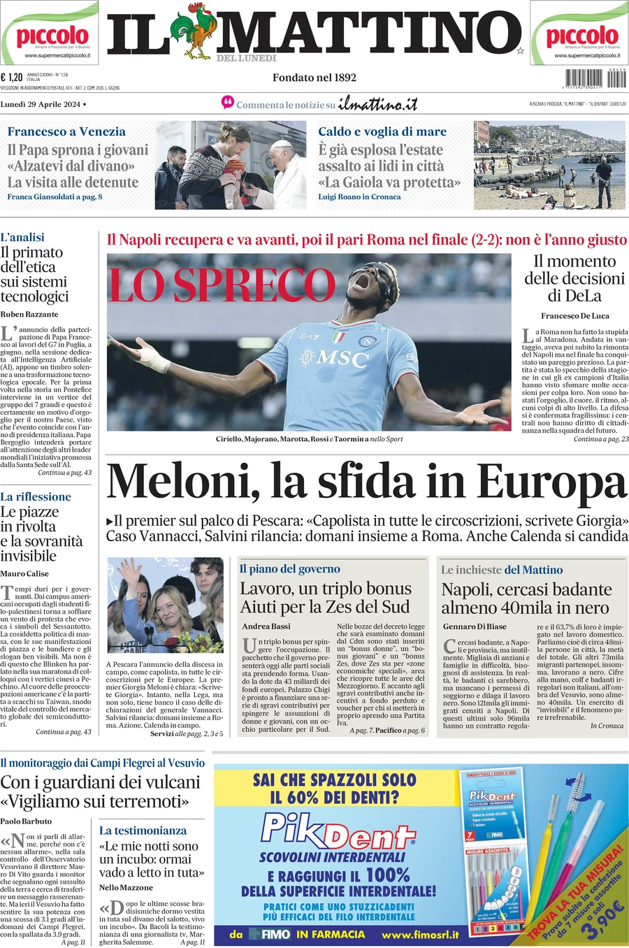 anteprima della prima pagina di il-mattino del 29/04/2024