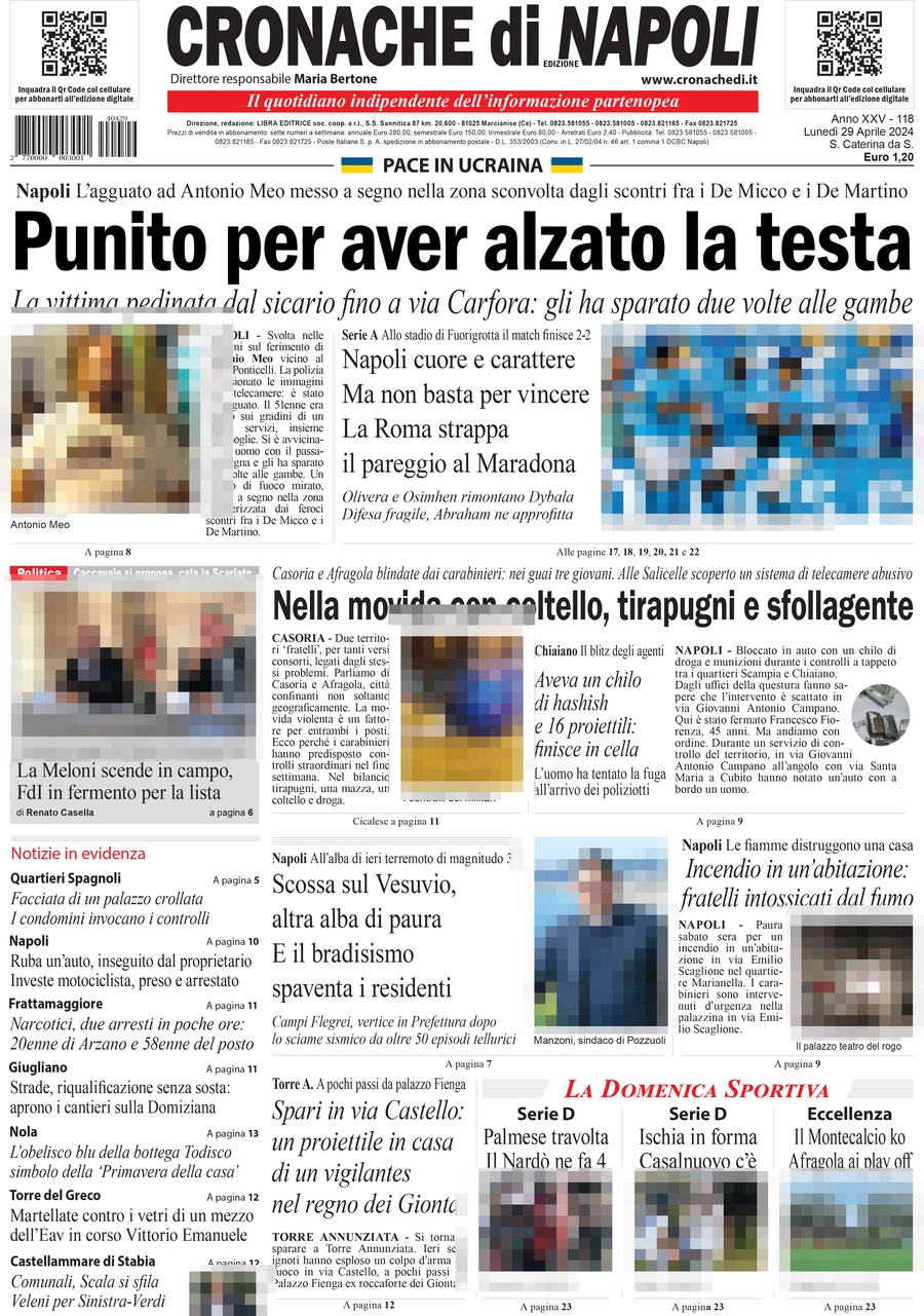 anteprima della prima pagina di cronache-di-napoli del 29/04/2024