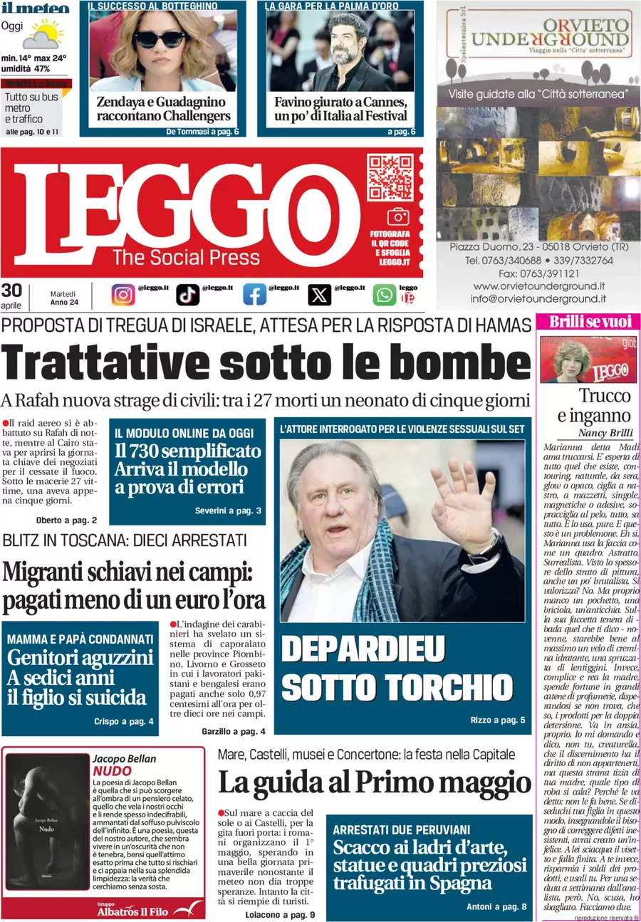 anteprima della prima pagina di leggo-roma del 30/04/2024