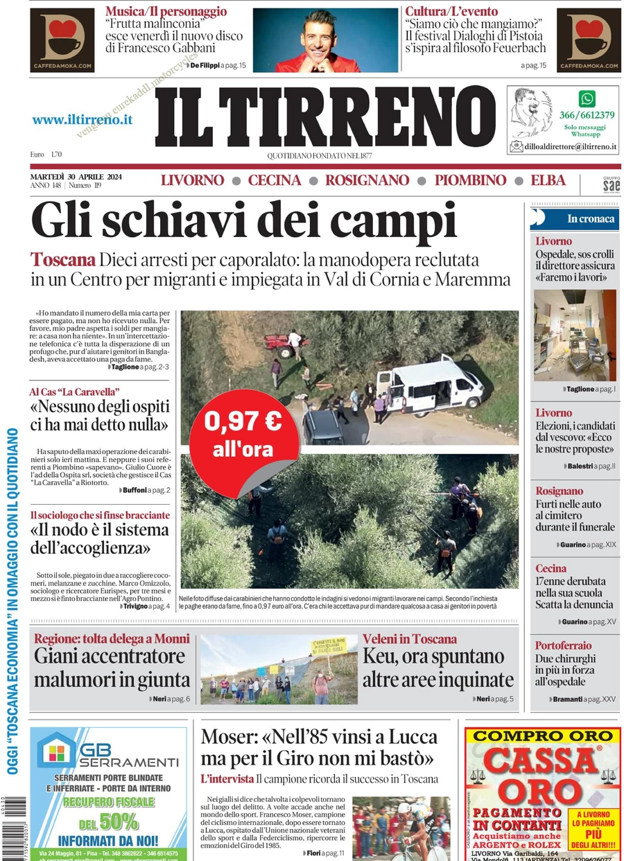 prima pagina - Il Tirreno (Livorno, Cecina) del 30/04/2024